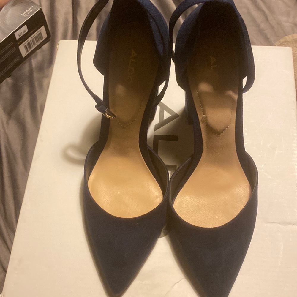 Navy blue suede  close toe strip thick heels